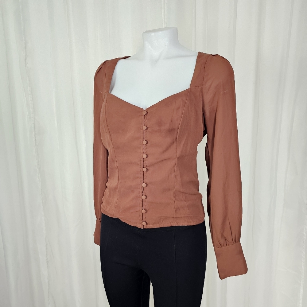 Abercrombie & Fitch Brown Button-Front Sweetheart Neckline Chiffon Top Small